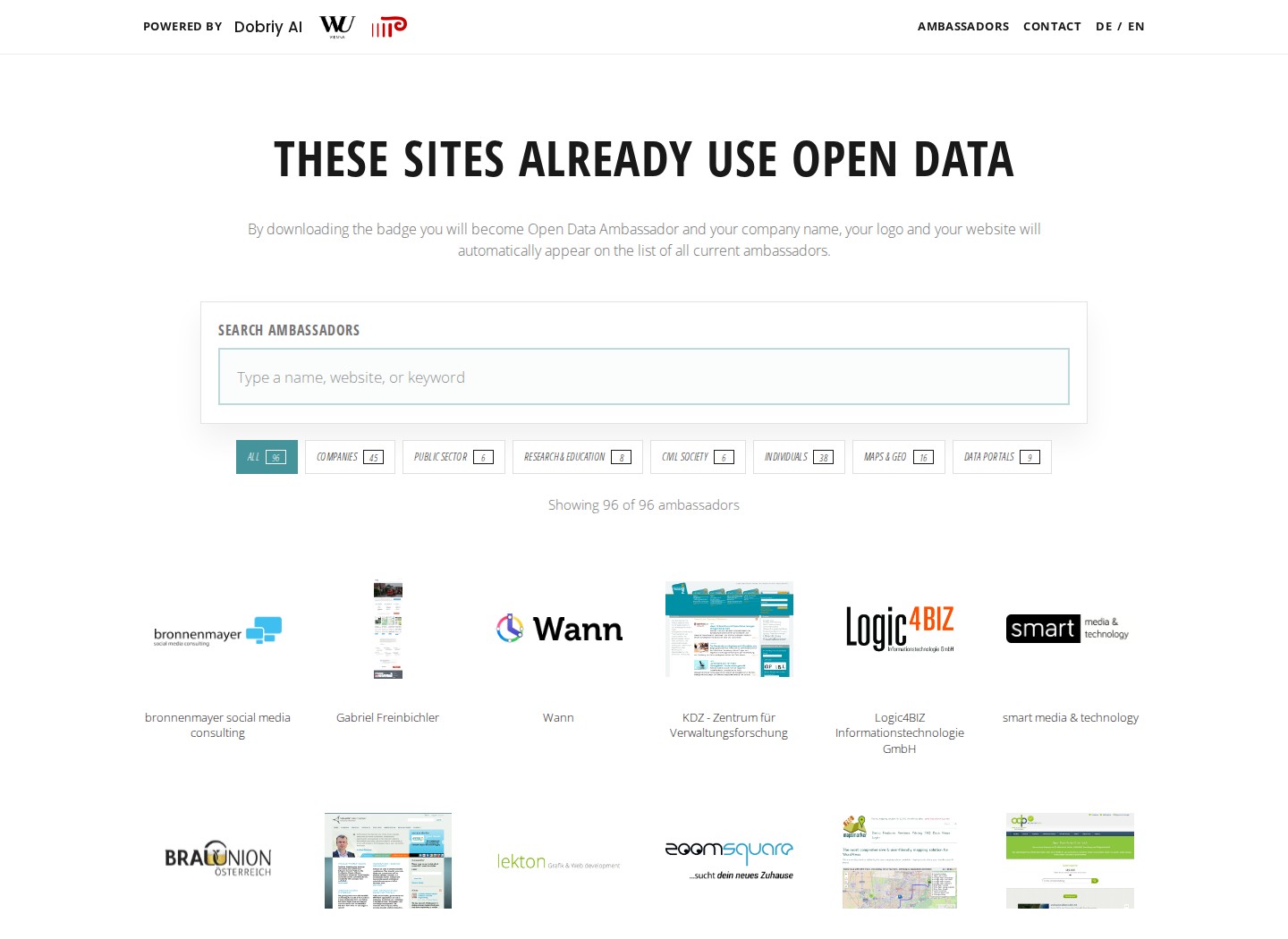 Open Data Inside’s ambassador directory, showing search, category filters, and project entries.