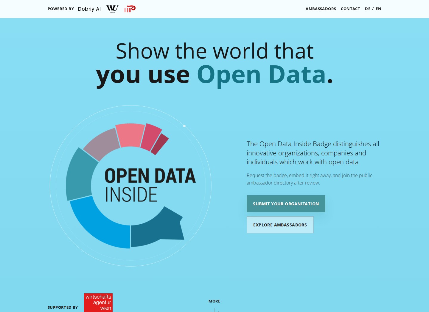 The relaunched Open Data Inside homepage, with the badge and links to submit an organisation or explore ambassadors.